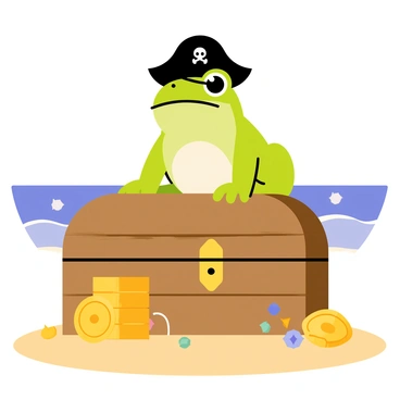 A green frog wearing a black pirate hat with a skull and crossbones emblem stands proudly atop a large wooden treasure chest. The frog has a shiny eye patch over one eye, giving it a fierce look. Surrounding the treasure chest are scattered gold coins and sparkling jewels. The beach is sandy with gentle waves lapping at the shore, and a clear blue sky is visible in the background.