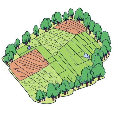 An aerial view of a patchwork of farmland with neatly arranged fields in various shades of green and brown. The farmland features straight rows of crops and some grazing areas with small clusters of livestock. At the edges of the farmland, the forest is visible, showing dense clusters of trees with rich green leaves. The forest appears to be steadily diminishing, with visible clearings where trees have been cut down. The transition between the farmland and the forest is marked by a distinct line, showcasing the encroachment of agriculture into the natural landscape.