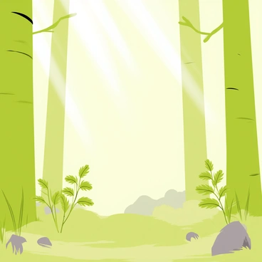 A misty forest scene with tall, green trees rising from a soft, mossy ground. Sunlight streams through the fog, creating beams of light that illuminate patches of the forest floor. The fog hangs low, partially obscuring the tree trunks and adding a sense of depth to the scene. Ferns and small plants are visible, their leaves glistening with moisture. A few scattered rocks break up the greenery, enhancing the natural beauty of the forest.