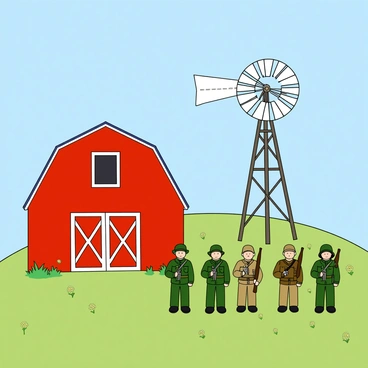 A group of small, colorful toy soldiers is positioned at a rural outpost, standing alert. The soldiers vary in colors, with some in green uniforms and others in brown. Nearby, there is a classic red barn with white accents, featuring a large door and a hay loft window. A tall, white windmill with long blades is visible in the background, turning gently in the breeze. The scene is set on a grassy landscape dotted with wildflowers, and a clear blue sky overhead adds to the cheerful atmosphere.