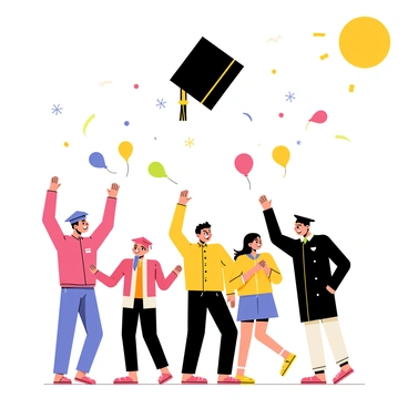 A black graduation cap is thrown into the air, spinning above a diverse group of students celebrating below. The students, wearing their caps and gowns in varying colors, are smiling and cheering with arms raised. Colorful balloons and confetti fill the sky around them, adding to the festive atmosphere. The scene captures the excitement and joy of graduation day, with sun shining brightly overhead.