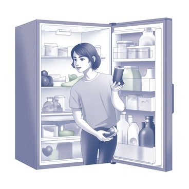 A person is standing in front of an open refrigerator. The interior is filled with various food items, including fruits, vegetables, and packaged goods. The person is wearing a casual outfit and has an focused expression. They are holding a container of expired food in their right hand, while their left hand is reaching for a fresh vegetable. The refrigerator shelves are organized with some items neatly arranged, while others appear scattered. An overhead light illuminates the scene, casting shadows on the food items.