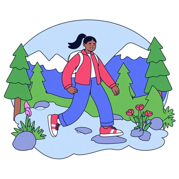 An adventurous Indian lady wearing a bright red hiking jacket and sturdy trekking shoes. She has long black hair tied back in a ponytail. She is navigating a rocky mountain trail surrounded by lush green trees and colorful wildflowers. In the background, there are tall snow-capped mountains under a clear blue sky. The lady is carrying a small backpack and has a confident expression as she looks ahead on the trail.