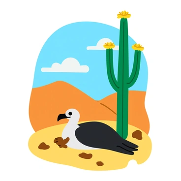 A large condor with dark feathers is resting peacefully next to a tall, spiky cactus in a sunlit desert scene. The cactus stands upright, showcasing long green arms with a few vibrant yellow flowers blooming at the top. The ground is sandy with scattered rocks, and the sun casts a warm glow, creating distinct shadows around the cactus and the condor. In the background, a clear blue sky stretches overhead, enhancing the vivid colors of the desert landscape.