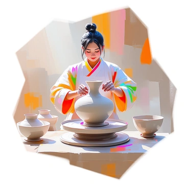 An artisan with medium skin and long dark hair is focused as they shape a piece of traditional Korean pottery on a spinning wheel. They are dressed in a traditional hanbok, which consists of a colorful jeogori and a simple chima. The artisan's hands are covered in clay, skillfully molding a vase as the wheel spins. Surrounding the artisan are various tools and finished pieces of pottery, displaying the intricate designs typical of Korean craftsmanship. The setting is a well-lit workshop filled with earthy tones and textures, emphasizing the artisan's dedication to their craft.