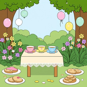 A charming garden setting filled with vibrant flowers and lush greenery. In the center, there is a small wooden table draped with a light lace tablecloth. On the table, there are several tiny teacups in various pastel colors, including pink, blue, and yellow, each filled with colorful floral patterns. Surrounding the table are an assortment of cookies arranged on delicate plates, some shaped like flowers and others with icing designs. Soft pastel-colored decorations, such as balloons and paper lanterns, hang from nearby trees, adding to the whimsical atmosphere of the tea party. A gentle breeze rustles the leaves, creating a lively yet serene scene.