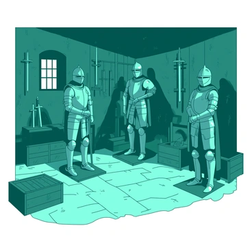 A teal medieval armory is filled with gleaming suits of armor on wooden stands. Each suit of armor reflects light, showcasing intricate designs and polished surfaces. Various weapons, including swords and shields, are displayed on the walls, with some swords hanging in ornate holders. The floor is made of stone, and there are wooden crates in the corners containing more weapons. Dim light filters through small windows, casting shadows that enhance the gleaming surfaces of the armor and weapons.