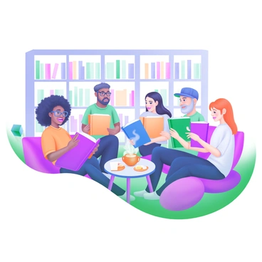 A modern pastel illustration featuring a diverse group of six book club members sitting in a circular arrangement. Each member is holding a copy of the same novel, with expressions of engagement and excitement. The members include a woman with curly hair wearing glasses, a man with a beard, a young woman with a notebook, an older gentleman with a cap, a middle-aged woman sipping tea, and a teenager with bright hair. Soft cushions are placed on the floor, and a small coffee table in the center holds snacks and a steaming teapot. The background is decorated with bookshelves filled with various novels.