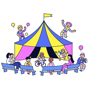 A circus tent with vibrant, patchwork colors and patterns creating a lively atmosphere. Inside, a group of performers showcases their talents. There is a juggler wearing a costume adorned with multicolored patches, skillfully tossing brightly colored balls into the air. Nearby, a trapeze artist swings gracefully, their outfit a blend of various patterns. A clown with a patchwork suit paints a cheerful smile on their face, while a unicyclist rides through the ring wearing a colorful, patterned ensemble. Spectators sit on benches, beaming with delight as they watch the show unfold.