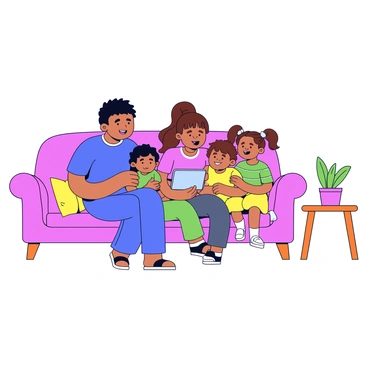 A family sitting together on a comfortable couch, looking at a tablet. The family consists of four members: a father with short black hair, wearing a blue t-shirt; a mother with long brown hair in a ponytail, wearing a pink blouse; a young boy with curly hair, wearing a green striped shirt; and a girl with pigtails wearing a yellow dress. They are all focused on the tablet screen, with expressions of excitement and engagement. The living room features a warm color palette and a small plant on a side table.