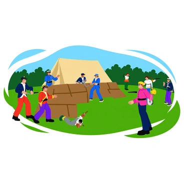 A group of actors dressed in historical military uniforms is reenacting a famous battle in a park. Each soldier wears meticulously detailed outfits, showcasing a variety of colors, textures, and patterns that represent different regiments. The actors are positioned in dynamic poses, some crouching behind a makeshift barricade, while others advance with determined expressions. Nearby, a few spectators are observing the scene, capturing photographs and enjoying the lively atmosphere. The park is filled with green grass and trees, providing a natural backdrop to the historical event. A canvas tent is set up in the background, adding to the authenticity of the reenactment.