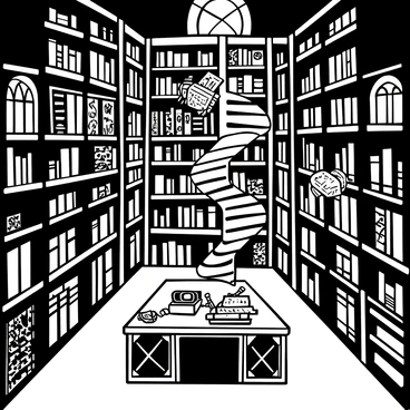 A large, mystical library filled with towering bookshelves that stretch high towards the ceiling. The bookshelves are intricately carved with various magical symbols and runes. Floating magical tomes are suspended in mid-air, some open with glowing pages. A spiral staircase winds its way through the shelves, leading to a balcony above. Soft, ambient light filters in from ornate, stained-glass windows, illuminating the scene with delicate patterns. A large, ancient wooden table is situated in the center, covered with scrolls and quills.