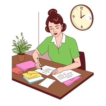 A 1950s housewife with a neatly styled bun is sitting at a wooden desk. She is focused on writing a letter using a fountain pen. The desk is cluttered with various stationery items, including colorful envelopes and sheets of paper. There is a small potted plant on the desk, adding a touch of greenery. In the background, a vintage clock is mounted on the wall, and a soft light is illuminating the scene, creating a warm atmosphere.