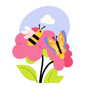 A honeybee with black and yellow stripes is perched on a bright pink flower. The flower has large, vivid petals and green leaves. A colorful butterfly with orange and blue wings is nearby, gently resting on another flower. The sky above is clear and blue, with a few fluffy white clouds scattered throughout. Sunlight illuminates the scene, creating a cheerful atmosphere as the bee and butterfly interact harmoniously among the flowers.
