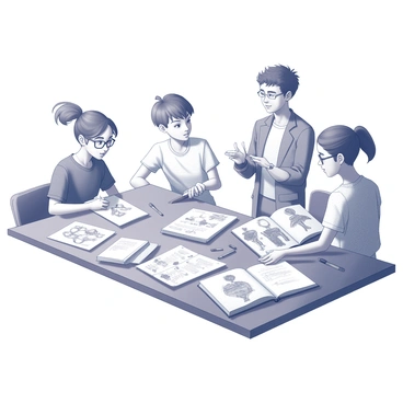 A group of three students is gathered around a large table covered with sketchpads and various drawing tools. One student, a girl with glasses, is enthusiastically sketching on her notepad, with a focused expression on her face. Another student, a boy with tousled hair, is discussing ideas while gesturing animatedly, looking at his friend’s sketches. The third student, a girl with a ponytail, is flipping through a reference book filled with character design concepts. Various character sketches and notes are scattered across the table, showcasing different styles and ideas for animated characters. The room is filled with a creative energy as they collaborate on their designs.