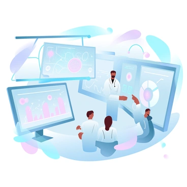 In a high-tech lab, multiple giant monitors display intricate data and graphs related to virus detection. Several AI systems are represented by glowing circuit patterns, indicating their active scanning processes. The lab is filled with sleek equipment, including servers and cables running along the walls. Scientists in lab coats are interacting with the monitors, pointing at certain data points and discussing findings. Bright, glowing screens project a gradient of pastel colors reflecting the high-tech environment. Various digital elements, such as icons and alerts, are visible on the monitors, creating a dynamic atmosphere of advanced technology.