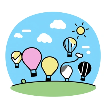 A green field is filled with various hot air balloons of different colors and patterns. The balloons are rising into a clear blue sky. The sun is shining brightly, casting soft shadows on the ground. Some balloons are round while others have unique shapes, creating a vibrant display against the sky.