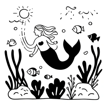 A mermaid with flowing hair swimming gracefully amidst a coral reef. Around her, various curious fish of different shapes and sizes are swimming, some playfully darting in and out of the coral formations. The coral reef displays an intricate design with various textures and patterns. Sunlight filters down from the surface, illuminating the underwater scene with delicate rays. Bubbles float up around the mermaid, adding to the lively underwater atmosphere.