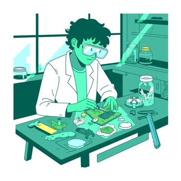 A teal inventor with short, messy hair is focused on assembling a new eco-friendly gadget inside a bright workshop. The inventor is wearing a white lab coat and safety goggles, holding a small green circuit board in one hand while using a screwdriver with the other. Surrounding the inventor are various tools, including a yellow wrench, a blue hammer, and an assortment of colorful wires. Several prototypes of gadgets are scattered across the wooden workbench, each displaying unique designs and components. The workshop features shelves lined with jars of screws and additional tools, with sunlight streaming through a nearby window, illuminating the creative space.