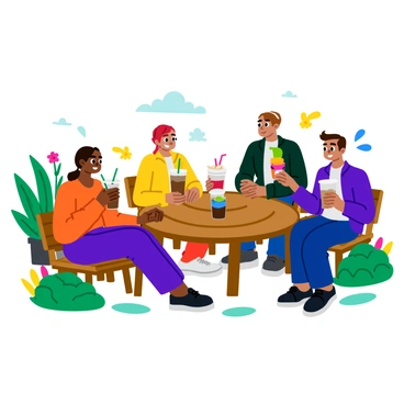 Customers enjoying their drinks at an outdoor patio of Starbucks surrounded by greenery