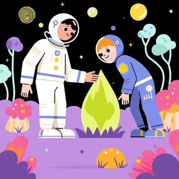 Two children dressed as astronauts are exploring a colorful alien planet. The first child is wearing a white spacesuit with a shiny helmet, while the second child is in a blue spacesuit with bright yellow accents. The ground is covered in vibrant purple grass and dotted with large, pink and orange mushrooms. Strange, swirling shapes and patterns fill the sky, featuring multiple moons and a glowing sun. The children are examining a glowing, green crystal emerging from the ground. In the background, there are whimsical trees with blue and turquoise leaves, adding to the otherworldly atmosphere.