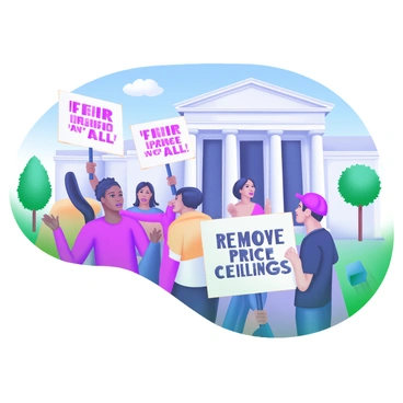 A peaceful protest scene depicting a diverse group of people holding signs advocating for the removal of price ceilings. The signs feature phrases like "Fair Prices for All" and "Remove Price Ceilings" in bold letters. In the background, a government building stands prominently, with columns and large windows. Some protesters are wearing casual clothing and showing expressions of determination, while others engage in conversation. A few trees line the street, and a bright blue sky is visible above, contributing to the overall atmosphere of civic engagement.