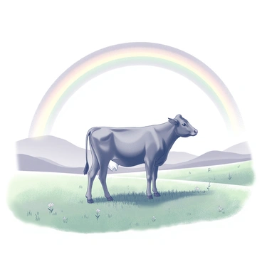 A cow standing in a lush pasture, with green grass covering the ground. The cow is looking towards the end of a rainbow that arches gracefully overhead. The rainbow is depicted with distinct bands curving across the sky. The surrounding landscape includes a few scattered wildflowers and distant rolling hills. The scene captures the natural beauty of the pasture, while the cow stands calmly, adding a focal point to the composition.