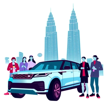 A sleek Range Rover parked in front of a famous city landmark, showcasing its modern design with sharp angles and a glossy finish. The landmark is an iconic structure, standing tall with intricate architectural details visible. Groups of tourists with varying styles are gathered around, some holding cameras and smartphones, capturing the moment. A few tourists are smiling and posing in front of the car, while others are admiring the landmark in the background. The scene is vibrant and lively with a clear blue sky overhead.