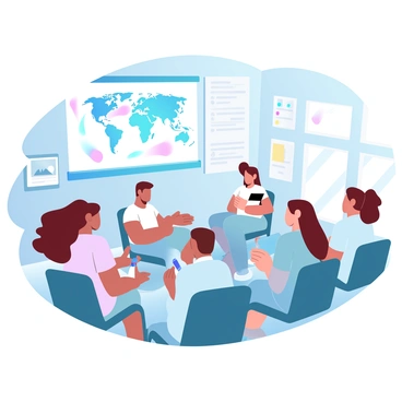 A classroom filled with several students seated at desks, actively engaged in a discussion. Each student is holding a notebook or tablet, taking notes and sharing ideas. In the background, a large world map is pinned to the wall, displaying various countries and continents in vibrant colors. A whiteboard beside the map has bullet points written in colorful markers, outlining key global issues. Sunlight filters through the windows, casting soft shadows across the room. Educational posters are visible, adding to the learning atmosphere.