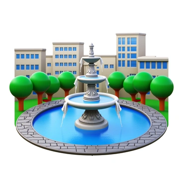 A 3D icon of a fountain with intricate carvings and flowing water in the center of a cityscape representing Grenoble. The fountain features a circular base with stylized water spouts and decorative elements. Surrounding the fountain are cobblestone pathways and lush greenery, creating a vibrant atmosphere. There are buildings in the background that reflect a mix of modern and historical architecture, characteristic of Grenoble.