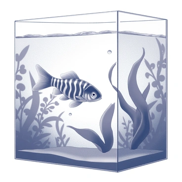 A zebrafish swimming through a large aquarium filled with water. The background features various aquatic plants, creating a lush underwater environment. The zebrafish is moving gracefully among the greenery, with its distinctive stripes visible. Light refracts through the water, creating gentle ripples and shadows around the fish and plants. Small bubbles rise to the surface, adding to the sense of motion within the space. The overall scene captures the sense of exploration in a serene aquatic habitat.