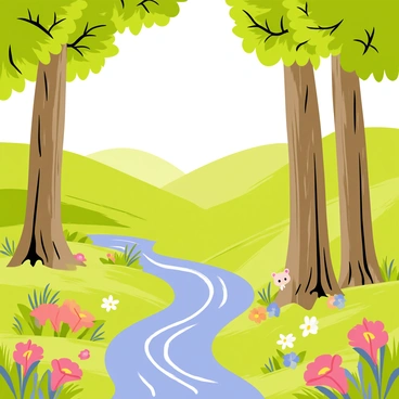 A traditional animation cel featuring a vibrant hand-painted scene from an animated forest. The cel displays tall, green trees with detailed bark texture and lush, overlapping leaves. Sunlight filters through the canopy, casting dappled light on the forest floor below. Colorful flowers bloom in patches among the underbrush, while a small, whimsical creature peeks out from behind a tree trunk. A sparkling stream winds through the scene, reflecting the colors of the surrounding flora. In the background, rolling hills rise gently, completing the enchanting forest setting.