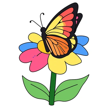 A vibrant butterfly with large wings patterned like a color wheel, showcasing all the hues of the spectrum. The butterfly is perched on a large, colorful flower with bright petals that vary in shades of pink, yellow, and blue. The flower has a thick green stem and lush green leaves surrounding it. The butterfly's delicate antennae are prominently visible, and the scene is filled with an abundance of vivid colors that create a lively atmosphere.