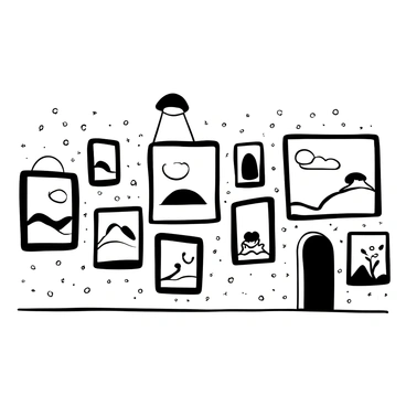 A gallery wall featuring a series of brush-painted artworks in various sizes. The artworks include abstract designs, landscapes, and portraits, each framed in a simple black frame. The frames are arranged in an organized yet eclectic manner, with varying amounts of space between them. The wall itself is textured, adding depth to the presentation. There is a spotlight above the gallery wall illuminating the artworks, casting soft shadows below each frame.