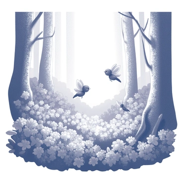 A forest glade filled with various types of flowers and lush greenery. Tiny fairies with delicate wings are fluttering around the blossoms, their small forms glimmering as they move. The flowers are abundant, with intricate petals and natural details, creating a vibrant habitat. Sunlight filters through the trees, casting dappled shadows on the ground, enhancing the scene of enchantment. The atmosphere is lively, with fairies engaged in playful interactions with the surrounding flora.