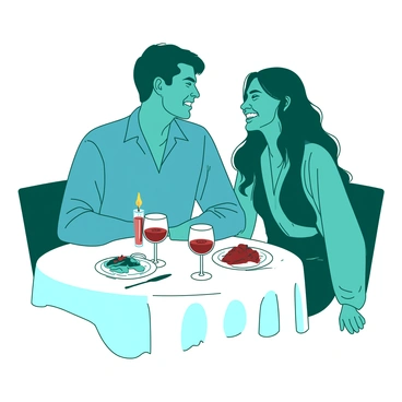 A teal couple is seated at a round table set for dinner, surrounded by dim candlelight. The table has a white tablecloth, and there are two flickering candles in the center. The man is wearing a stylish blue shirt, and he is smiling as he leans slightly toward the woman. The woman is in a stylish teal dress, her hair cascading over her shoulders, as she laughs heartily. Plates filled with food are placed in front of them, and there are two glasses of red wine on the table, reflecting the warm glow of the candles. The atmosphere is filled with an air of joy and intimacy as they share stories and moments together.