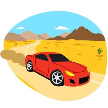 A bright red sports car is speeding along a long, straight desert road. The car has sleek lines with a shiny finish and large sporty wheels. The road stretches out ahead, flanked by golden sand and sparse desert vegetation. In the background, majestic mountains rise up, displaying rocky peaks against a blue sky. The sun casts strong shadows on the ground, enhancing the dynamic feel of the scene. Dust is kicked up behind the car, illustrating its speed.