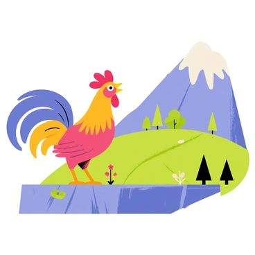 A colorful rooster with vibrant red, orange, and blue feathers stands proudly on a rocky mountain ledge. The rooster has a tall, bright red comb and a shiny yellow beak. Its wings are spread slightly as it crows, filling the air with sound. Below, a lush green valley stretches out, with trees and wildflowers dotting the landscape. The sky is a clear blue, enhancing the vivid colors of the rooster and the setting. The rocky surface of the ledge is textured and rugged, contrasting with the soft greenery below.