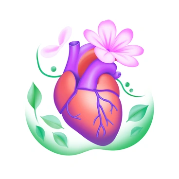 A human heart at the center of the image, intricately detailed with anatomical accuracy. The heart is blooming like a flower, its arteries and veins morphing into vibrant petals in shades of pink, red, and purple. Surrounding the heart are delicate leaves in varying green tones, adding a sense of life. The background is softly illuminated, emphasizing the heart's transformation and the beauty of life it represents.