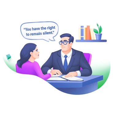 A modern pastel illustration featuring a lawyer sitting at a desk, wearing a dark suit and glasses, with a serious expression. Next to the lawyer is a client, looking attentive and slightly anxious, dressed in casual clothes. Above the lawyer, there is a speech bubble containing the words "You have the right to remain silent." The background includes a shelf with law books and a small potted plant on the desk.