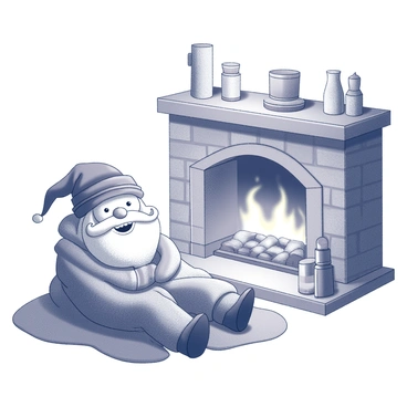A nisse, a small mythical creature, is lounging comfortably in front of a crackling fireplace. The nisse has a long white beard and wears a traditional red hat. It is wrapped snugly in a textured, warm blanket, partially covering its small body. The fireplace is made of stone, with flames flickering and casting soft shadows around the room. Nearby, a wooden shelf displays various small trinkets and ornamental items. The atmosphere is cozy, inviting a sense of warmth and comfort.