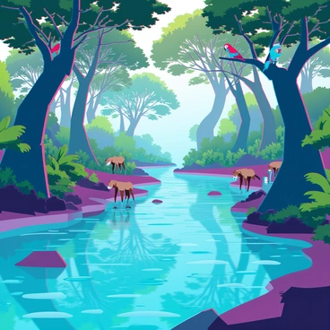 A mystical river with clear, sparkling waters flows gently through a dense jungle bursting with vibrant green foliage. Towering trees with thick trunks and large, broad leaves surround the riverbank. A variety of creatures, including colorful parrots perched on branches, small monkeys curiously leaning towards the water, and delicate deer, approach the river to drink. Sunlight filters through the canopy, casting dappled shadows on the ground and illuminating the scene with a warm glow.