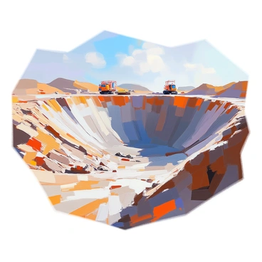 An open-pit mine is depicted, revealing deep, layered excavations in the earth where minerals are being extracted. The edges of the pit show jagged cliffs that have been worn away, exposing various shades of brown and gray soil. The landscape surrounding the mine is marked with the scars of excavation, with mounds of displaced earth and piles of rock debris scattered around. In the background, a clear sky contrasts with the industrial activity, and machines can be seen operating at the edge of the pit, emphasizing the scale of the mining operation.