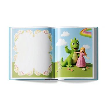 A whimsical children's book page layout featuring a friendly dragon and a princess. The dragon has bright green scales, large expressive eyes, and a wide, friendly smile. It sits on a grassy knoll, surrounded by colorful flowers. The princess has long, flowing golden hair, wearing a sparkling pink gown adorned with sequins. She stands beside the dragon, reaching out to pet its head. In the background, there are fluffy white clouds in a blue sky, and a rainbow arcs across the horizon. The text space on the page is framed with playful swirls and stars.