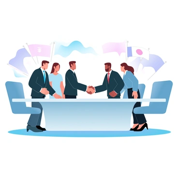 A group of global leaders is engaged in a handshake at an international summit. Each leader is dressed in formal attire, with varying suits and dresses representing their countries. In the background, flags from different nations are prominently displayed. The setting is a large conference room with a polished table and chairs arranged around it. The leaders are standing close together, showcasing a moment of cooperation and diplomacy.