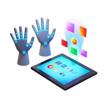 A pair of advanced digital gloves with glowing circuits and sensors. The gloves are designed to allow seamless interaction with digital interfaces. Next to the gloves is a sleek holographic tablet projecting vibrant 3D images above its surface. The tablet features a transparent display that shows various digital tools and color palettes. The scene emphasizes a modern and high-tech atmosphere, showcasing the futuristic design of both the gloves and the tablet.