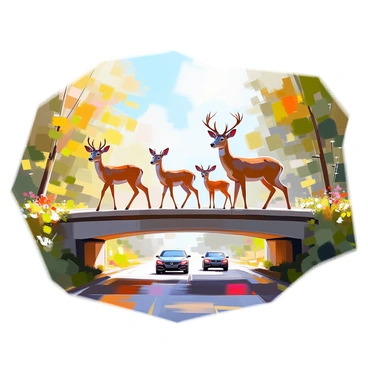 A family of deer, consisting of a doe and her two fawns, is crossing a wildlife bridge that is designed to facilitate safe passage over a highway. The bridge features lush greenery, with various plants and shrubs adorning its sides, enhancing the natural surroundings. The deer are gracefully walking in a line, the doe leading the way while her fawns closely follow. Below, the highway can be seen with cars passing, but the deer remain undisturbed, as the bridge offers them a secure route. The sunlight filters through the trees, casting dappled light on the scene.