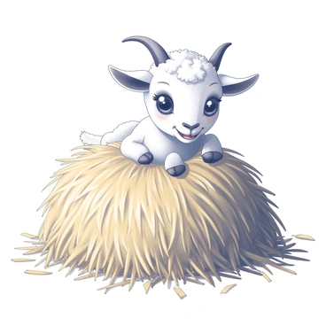 A baby goat peeking out from a haystack with a cheeky expression.