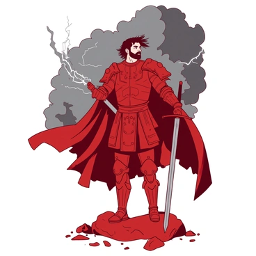 A red battle-ready warrior stands tall, gripping a gleaming silver sword in his right hand. He is clad in intricate armor, adorned with various symbols that signify his rank and valor. The warrior's hair is tousled by the wind, and his determined expression is focused on the horizon. Behind him, the sky is filled with dark gray clouds, crackling with flashes of lightning. The ground below is rocky, with small debris scattered around, hinting at the chaos of battle. A sense of tension hangs in the air as the warrior prepares for the conflict ahead.