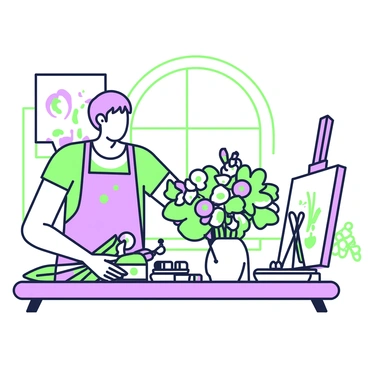 An artist is standing at a wooden table in a well-lit studio, carefully arranging a bouquet of flowers. The table is cluttered with various colors of flowers, including vibrant blooms and lush green foliage. The artist is dressed in a paint-splattered apron, with brushes and a palette on the side. Behind the artist, there are canvases leaning against the wall, some displaying partially finished paintings. In the background, a large window allows natural light to flood the space, illuminating the delicate petals of the flowers. The artist's focused expression shows the intent to capture the beauty of the bouquet in an upcoming painting.